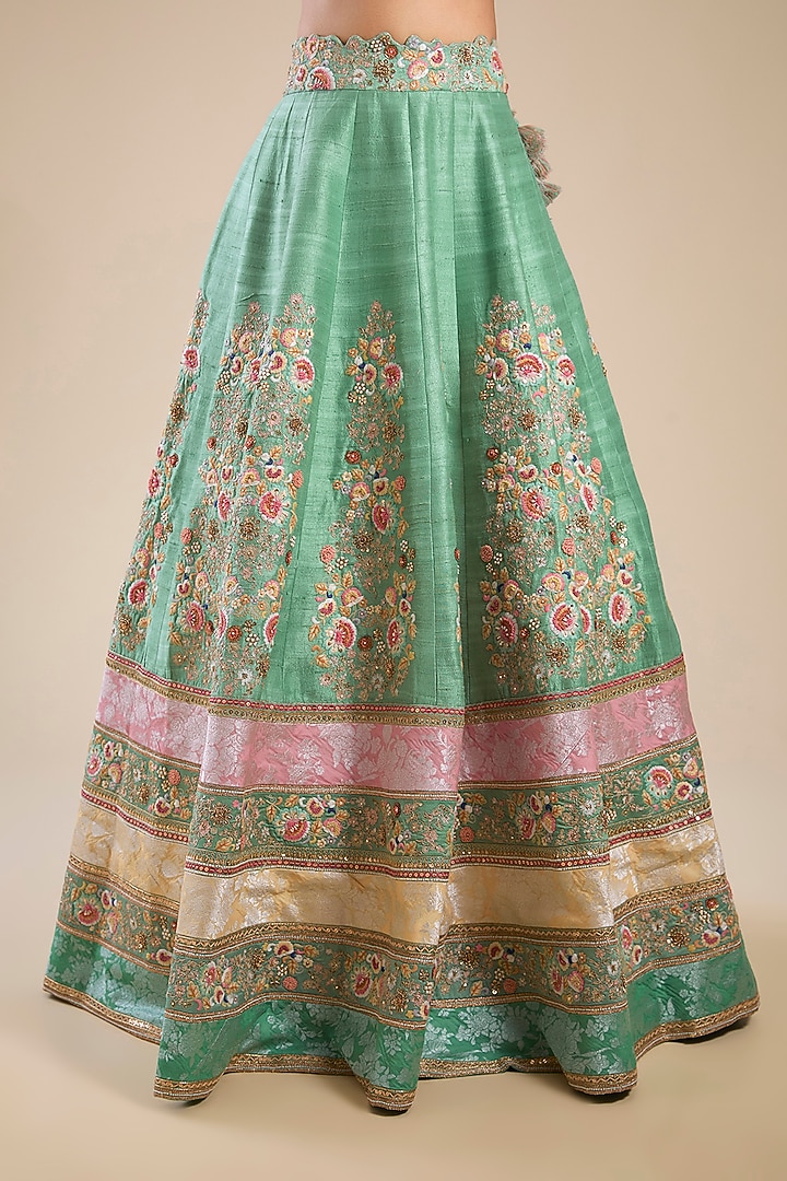 Cyan Chanderi & Brocade Patchwork Bridal Lehenga Set by Petticoat Lane at Pernia's Pop Up Shop