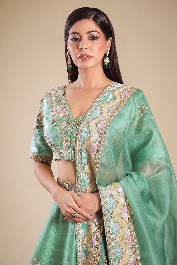 Cyan Chanderi & Brocade Patchwork Bridal Lehenga Set by Petticoat Lane at Pernia's Pop Up Shop