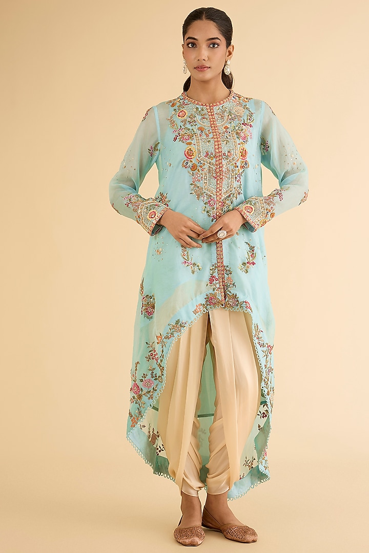 Aqua Blue Organza Hand & Machine Embroidered High-Low Kurta Set by Petticoat Lane at Pernia's Pop Up Shop