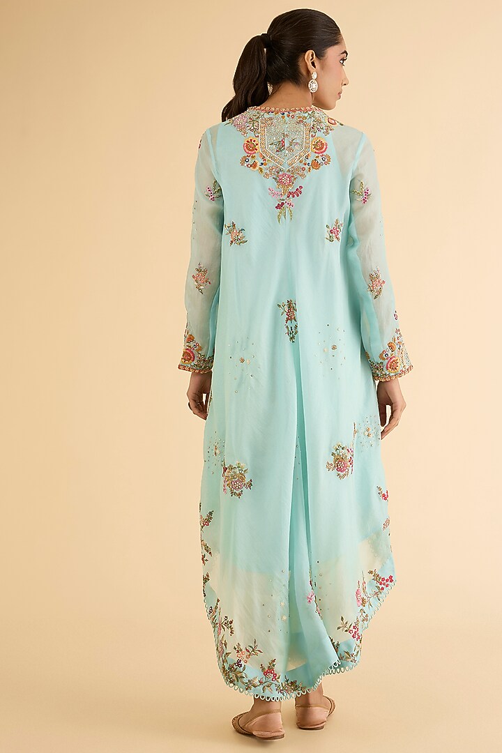 Aqua Blue Organza Hand & Machine Embroidered High-Low Kurta Set by Petticoat Lane at Pernia's Pop Up Shop