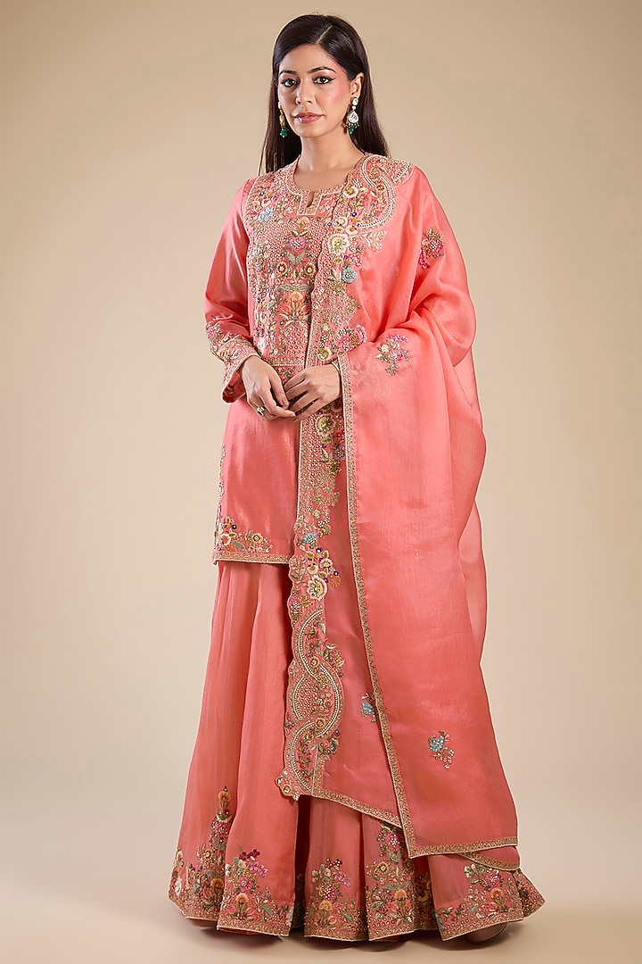 Peach Chanderi & Organza Hand Embroidered Bridal Sharara Set by Petticoat Lane at Pernia's Pop Up Shop