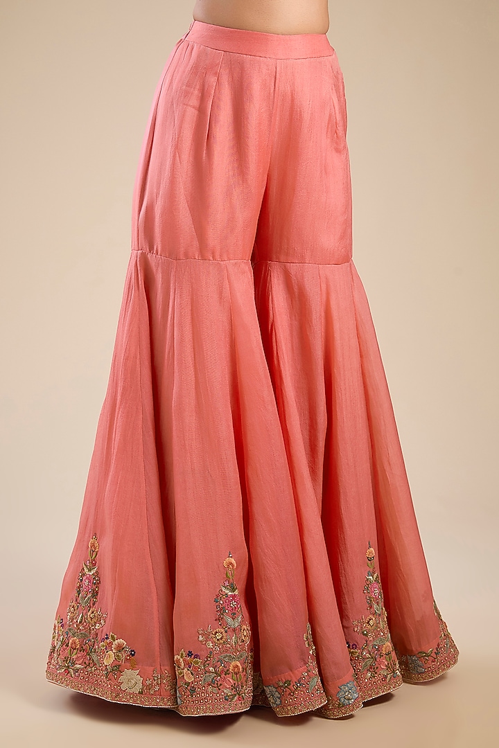 Peach Chanderi & Organza Hand Embroidered Bridal Sharara Set by Petticoat Lane at Pernia's Pop Up Shop