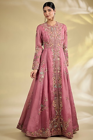 Lilac Organza & Chanderi Open Kalidar Anarkali Set by Petticoat Lane