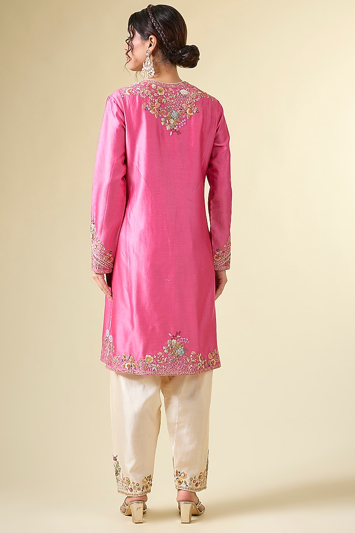 Old Rose Chanderi Embroidered Kurta Set by Petticoat Lane at Pernia's Pop Up Shop