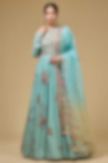 Aqua Chanderi Hand & Machine Embroidered Kalidar Bridal Anarkali Set by Petticoat Lane at Pernia's Pop Up Shop