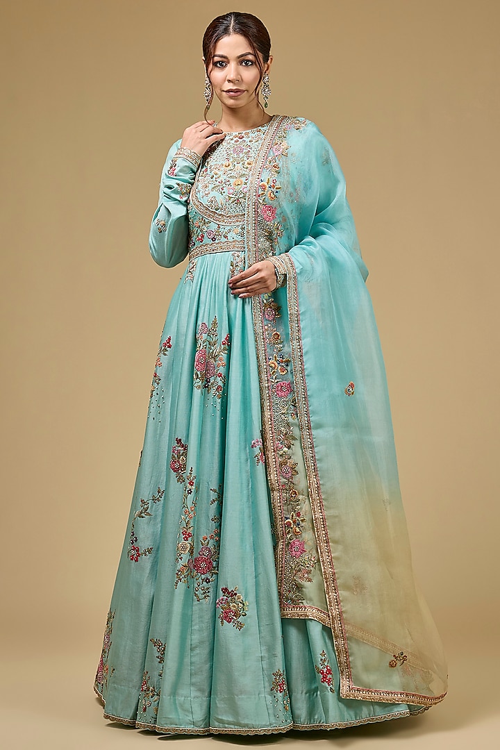 Aqua Chanderi Hand & Machine Embroidered Kalidar Bridal Anarkali Set by Petticoat Lane at Pernia's Pop Up Shop