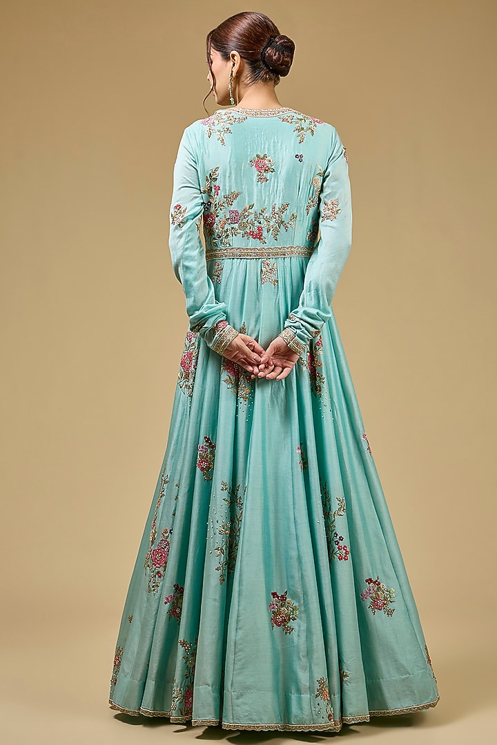 Aqua Chanderi Hand & Machine Embroidered Kalidar Bridal Anarkali Set by Petticoat Lane at Pernia's Pop Up Shop