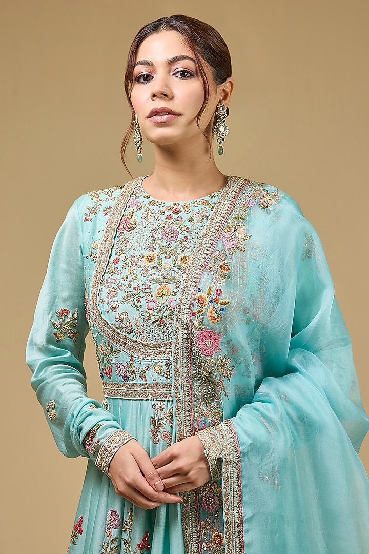 Aqua Chanderi Hand & Machine Embroidered Kalidar Bridal Anarkali Set by Petticoat Lane at Pernia's Pop Up Shop