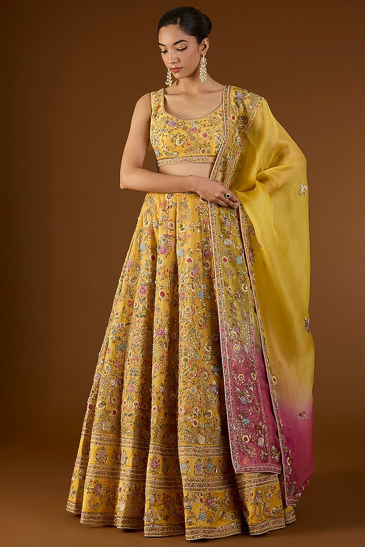 Yellow Chanderi Hand & Machine Embroidered Kali Bridal Lehenga Set by Petticoat Lane at Pernia's Pop Up Shop