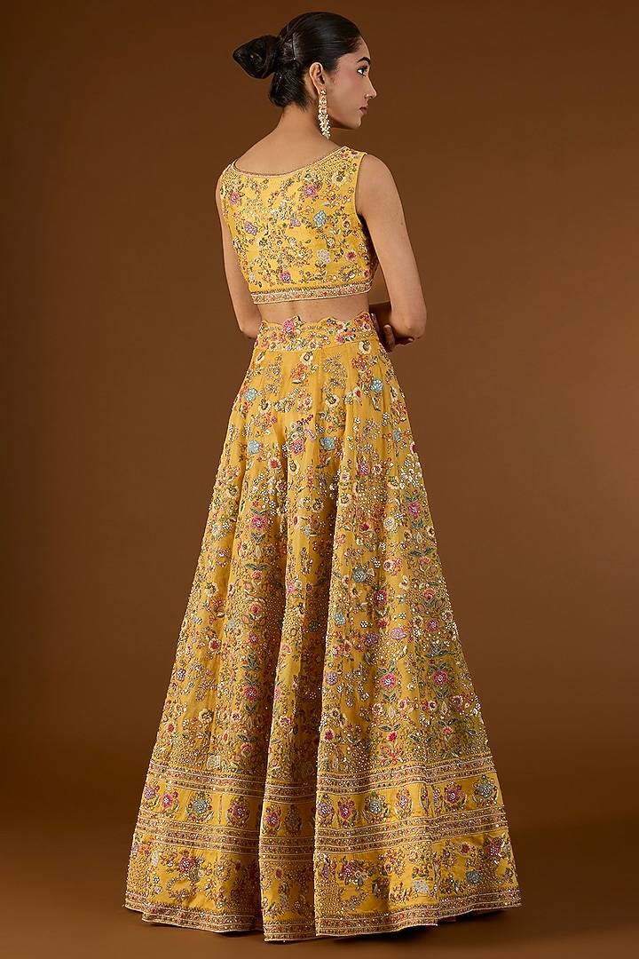 Yellow Chanderi Hand & Machine Embroidered Kali Bridal Lehenga Set by Petticoat Lane at Pernia's Pop Up Shop