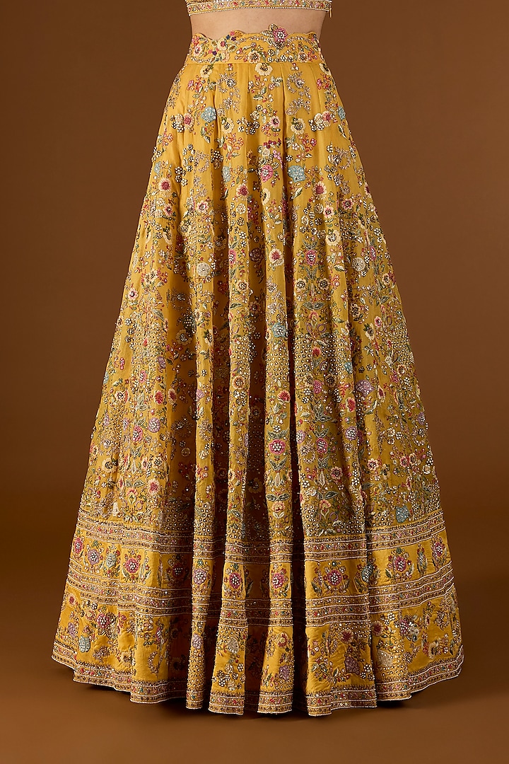 Yellow Chanderi Hand & Machine Embroidered Kali Bridal Lehenga Set by Petticoat Lane at Pernia's Pop Up Shop