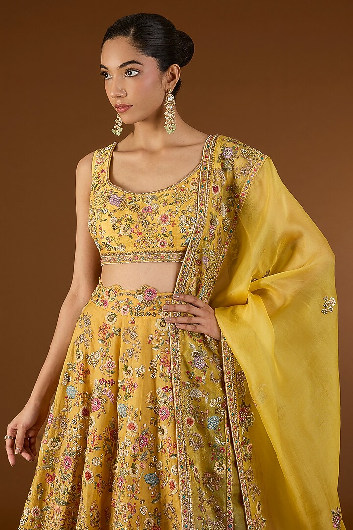 Yellow Chanderi Hand & Machine Embroidered Kali Bridal Lehenga Set by Petticoat Lane at Pernia's Pop Up Shop