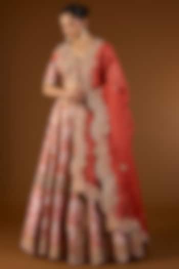 Red Shimmer Brocade & Organza Hand & Machine Embroidered Bridal Lehenga Set by Petticoat Lane at Pernia's Pop Up Shop