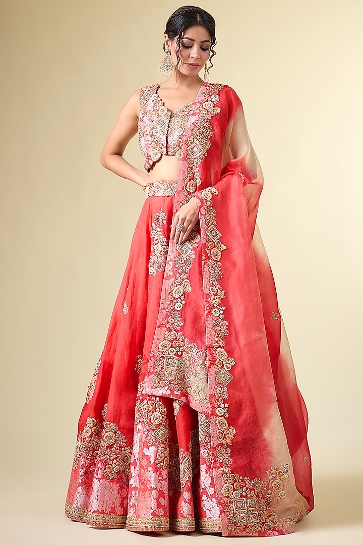 Saffron Shimmer Brocade Organza Bridal Lehenga Set by Petticoat Lane at Pernia's Pop Up Shop