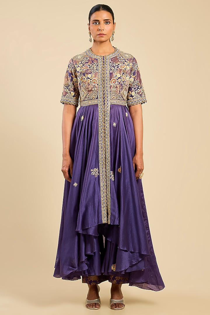 Deep Purple Shimmer Brocade Chanderi Asymmetrical Kalidar Wedding Anarkali Set by Petticoat Lane at Pernia's Pop Up Shop