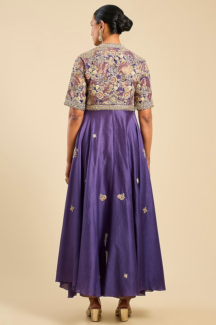 Deep Purple Shimmer Brocade Chanderi Asymmetrical Kalidar Wedding Anarkali Set by Petticoat Lane at Pernia's Pop Up Shop