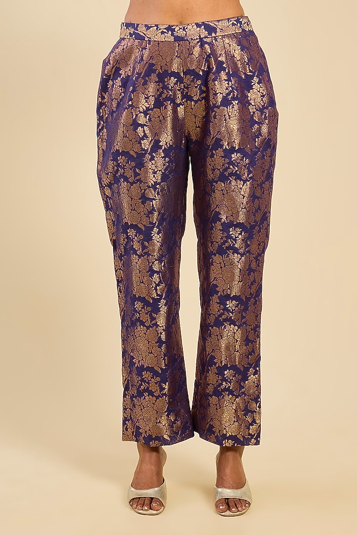 Deep Purple Shimmer Brocade Chanderi Asymmetrical Kalidar Wedding Anarkali Set by Petticoat Lane at Pernia's Pop Up Shop