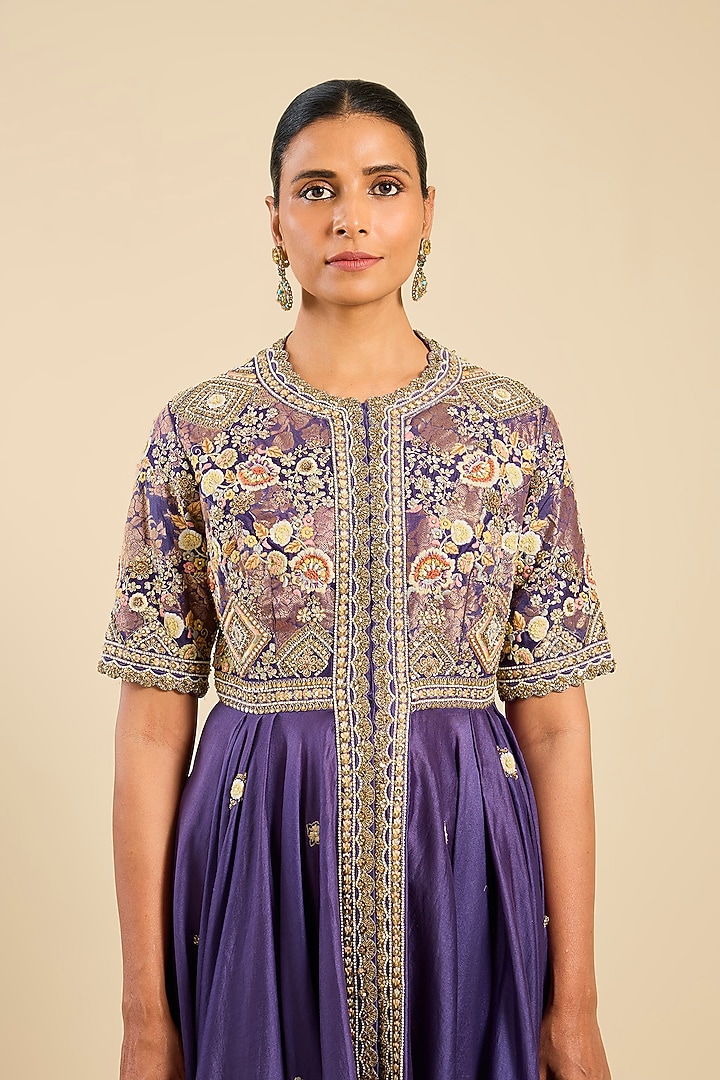 Deep Purple Shimmer Brocade Chanderi Asymmetrical Kalidar Wedding Anarkali Set by Petticoat Lane at Pernia's Pop Up Shop