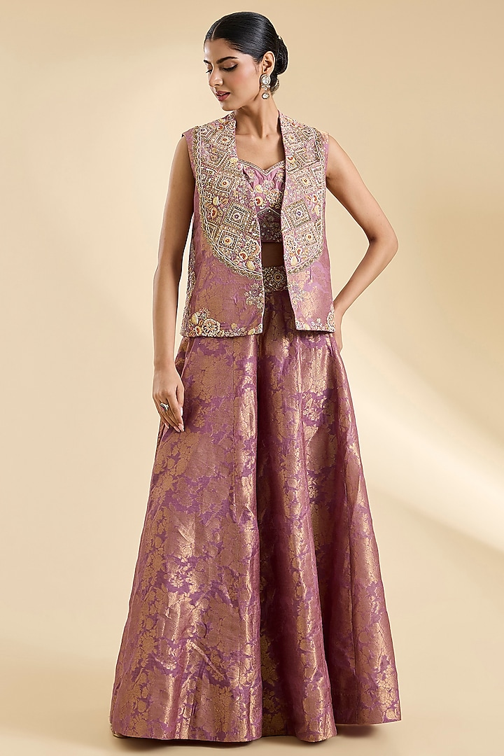 Lilac Chanderi Hand & Machine Embroidered Jacket Set by Petticoat Lane at Pernia's Pop Up Shop