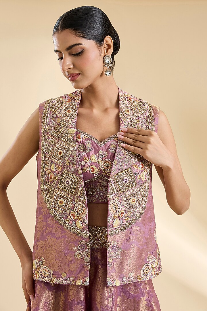 Lilac Chanderi Hand & Machine Embroidered Jacket Set by Petticoat Lane at Pernia's Pop Up Shop
