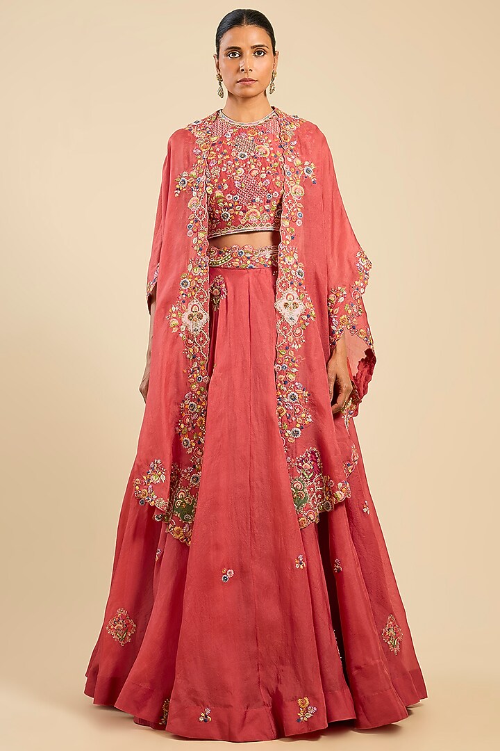 Bright Red Organza Patchwork Cape Set by Petticoat Lane at Pernia's Pop Up Shop