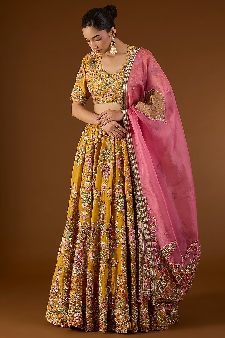Mustard Organza Hand & Machine Embroidered Bridal Lehenga Set by Petticoat Lane at Pernia's Pop Up Shop