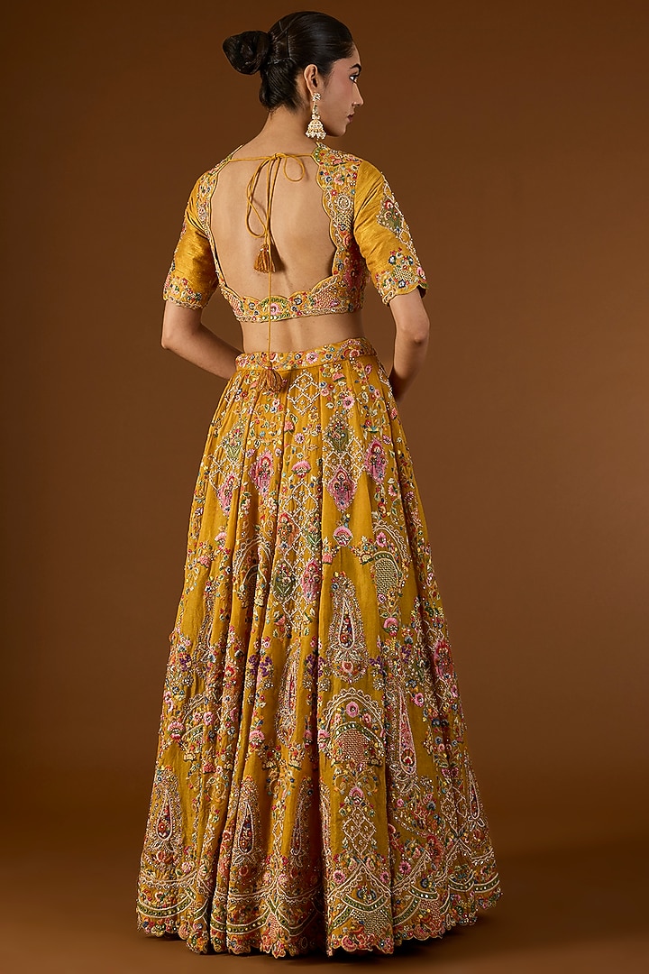 Mustard Organza Hand & Machine Embroidered Bridal Lehenga Set by Petticoat Lane at Pernia's Pop Up Shop