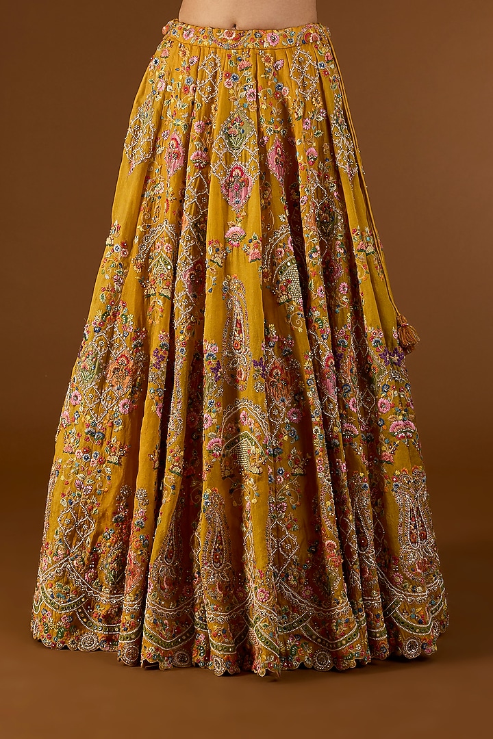Mustard Organza Hand & Machine Embroidered Bridal Lehenga Set by Petticoat Lane at Pernia's Pop Up Shop