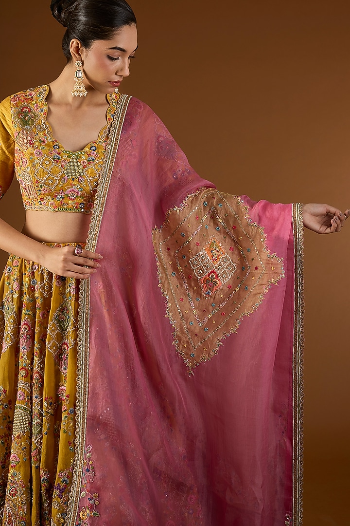 Mustard Organza Hand & Machine Embroidered Bridal Lehenga Set by Petticoat Lane at Pernia's Pop Up Shop