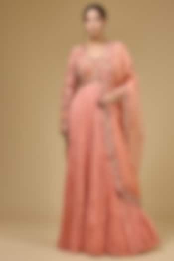 Peach Chanderi Hand & Machine Embroidered Kalidar Bridal Anarkali Set by Petticoat Lane at Pernia's Pop Up Shop