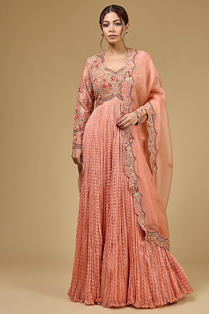 Peach Chanderi Hand & Machine Embroidered Kalidar Bridal Anarkali Set by Petticoat Lane at Pernia's Pop Up Shop