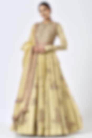 Faded Yellow Chanderi Kalidar Bridal Anarkali Set by Petticoat Lane at Pernia's Pop Up Shop