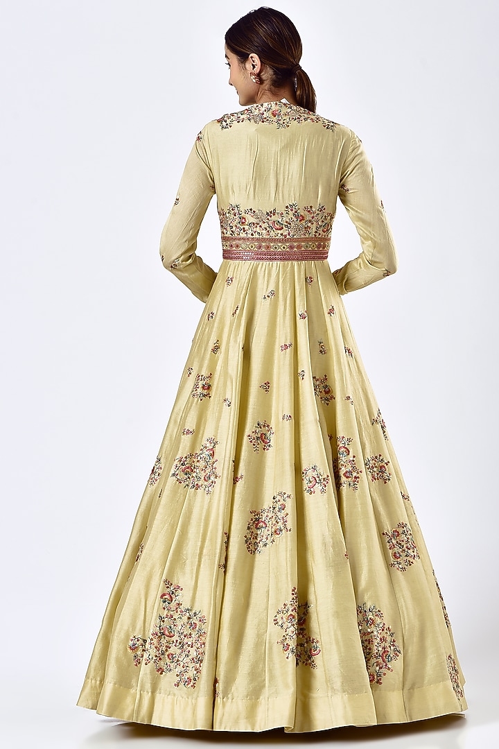 Faded Yellow Chanderi Kalidar Bridal Anarkali Set by Petticoat Lane at Pernia's Pop Up Shop