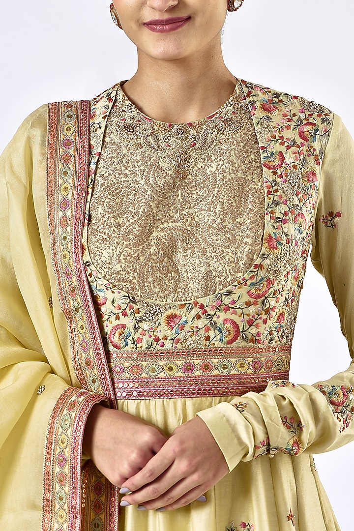 Faded Yellow Chanderi Kalidar Bridal Anarkali Set by Petticoat Lane at Pernia's Pop Up Shop