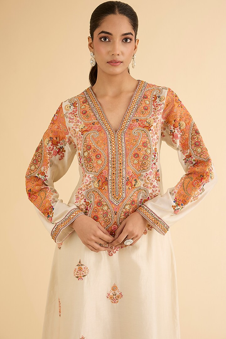Ivory Chanderi Patchwork & Printed Kurta Set by Petticoat Lane at Pernia's Pop Up Shop