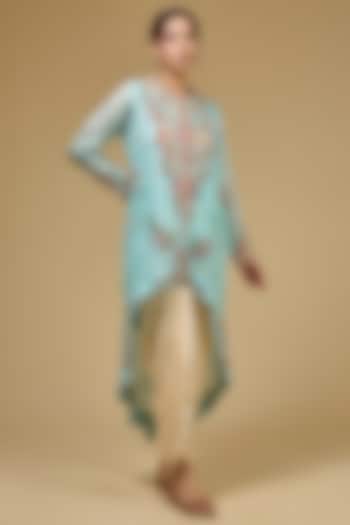 Aqua Organza Hand & Machine Embroidered Jacket Set by Petticoat Lane at Pernia's Pop Up Shop