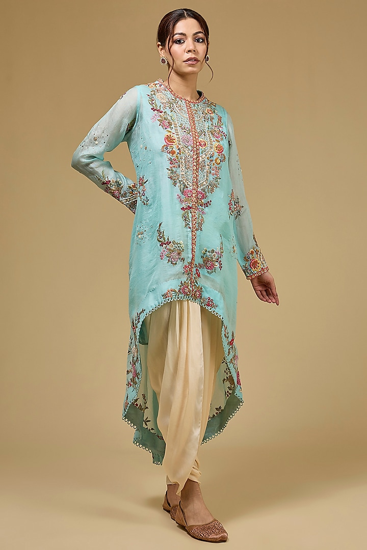 Aqua Organza Hand & Machine Embroidered Jacket Set by Petticoat Lane at Pernia's Pop Up Shop