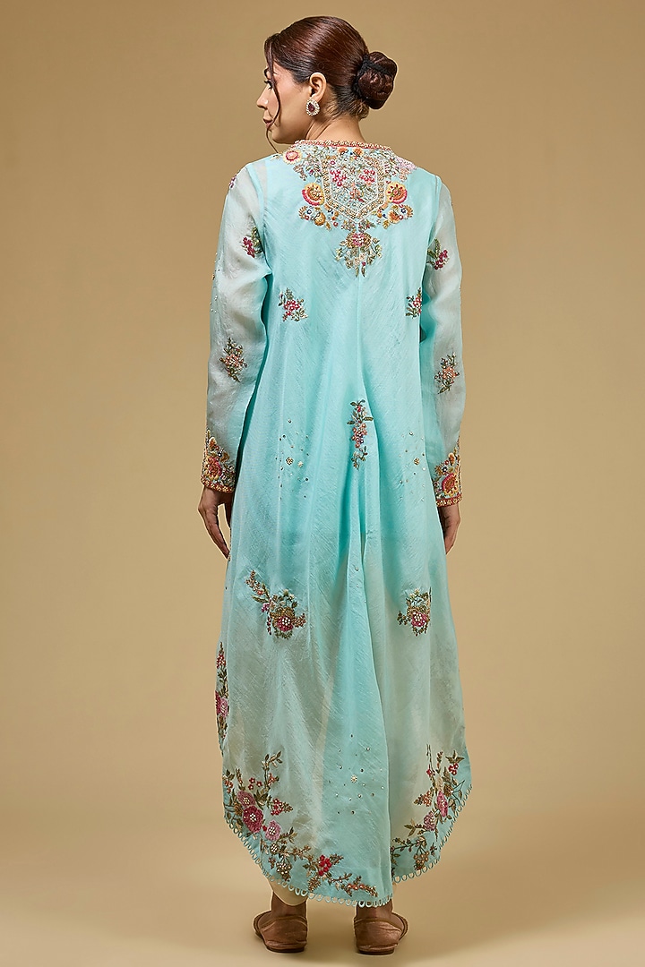 Aqua Organza Hand & Machine Embroidered Jacket Set by Petticoat Lane at Pernia's Pop Up Shop