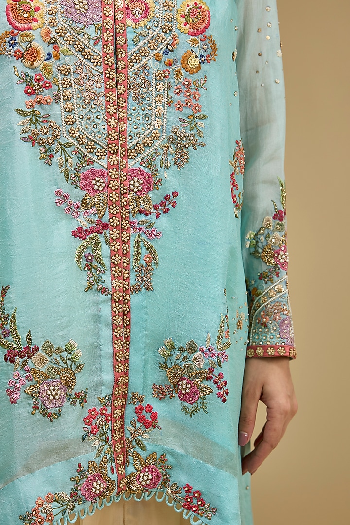 Aqua Organza Hand & Machine Embroidered Jacket Set by Petticoat Lane at Pernia's Pop Up Shop