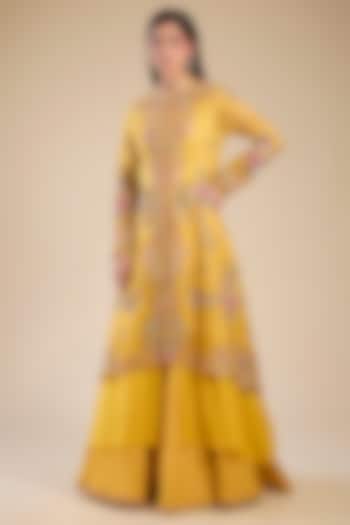 Yellow Organza & Chanderi Hand Embroidered Jacket Set by Petticoat Lane at Pernia's Pop Up Shop