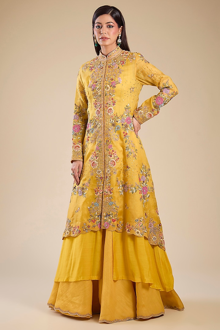 Yellow Organza & Chanderi Hand Embroidered Jacket Set by Petticoat Lane at Pernia's Pop Up Shop