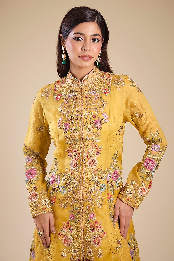 Yellow Organza & Chanderi Hand Embroidered Jacket Set by Petticoat Lane at Pernia's Pop Up Shop