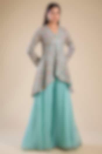 Aqua Blue Chanderi & Organza Embroidered Peplum Kurta Set by Petticoat Lane at Pernia's Pop Up Shop