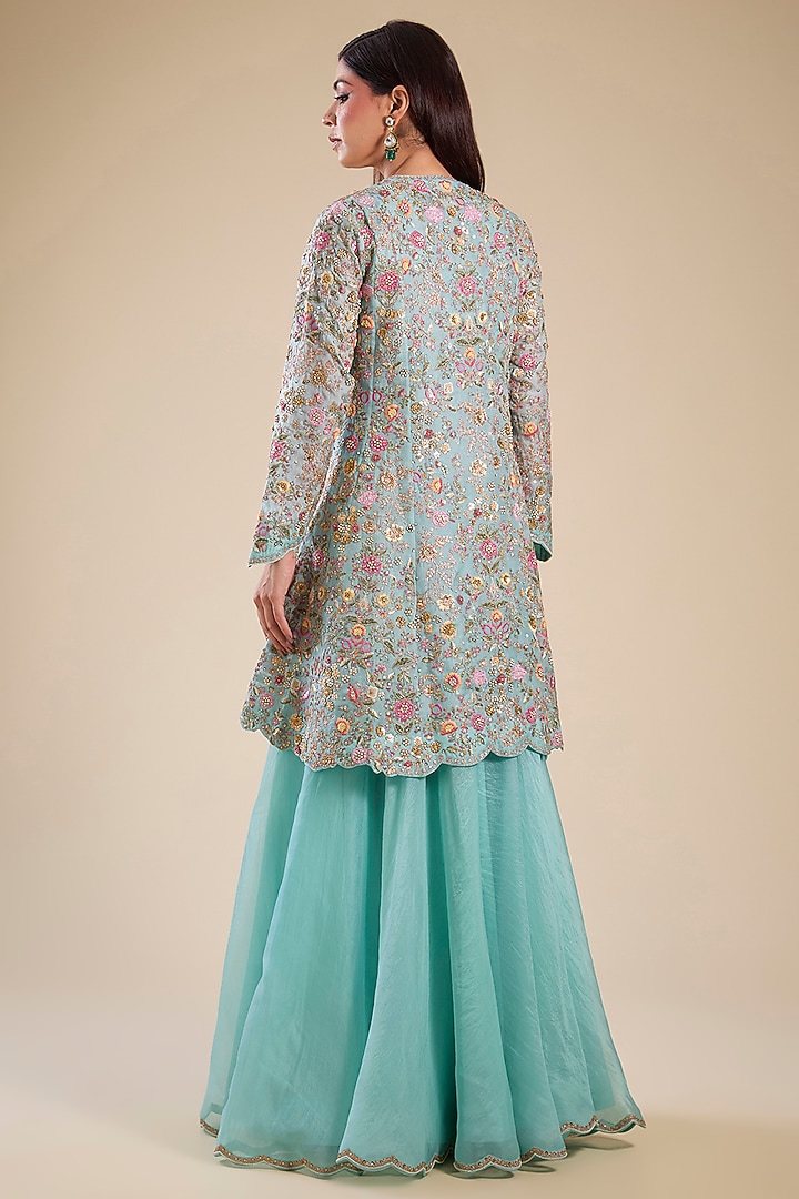 Aqua Blue Chanderi & Organza Embroidered Peplum Kurta Set by Petticoat Lane at Pernia's Pop Up Shop