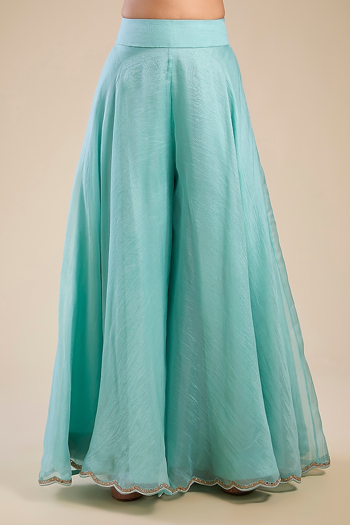 Aqua Blue Chanderi & Organza Embroidered Peplum Kurta Set by Petticoat Lane at Pernia's Pop Up Shop