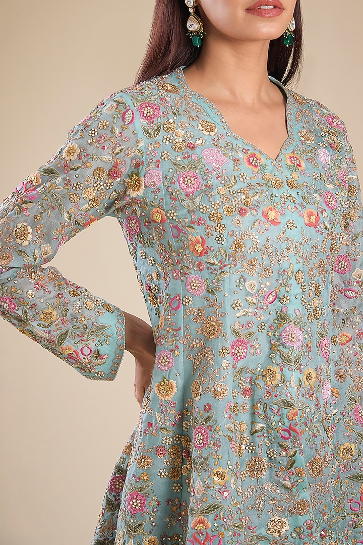Aqua Blue Chanderi & Organza Embroidered Peplum Kurta Set by Petticoat Lane at Pernia's Pop Up Shop