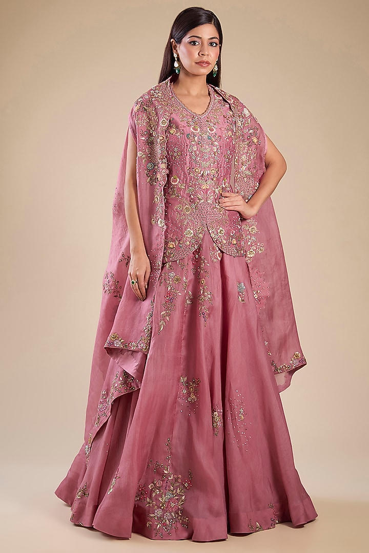 Lilac Organza Hand & Machine Embroidered Cape Set by Petticoat Lane at Pernia's Pop Up Shop