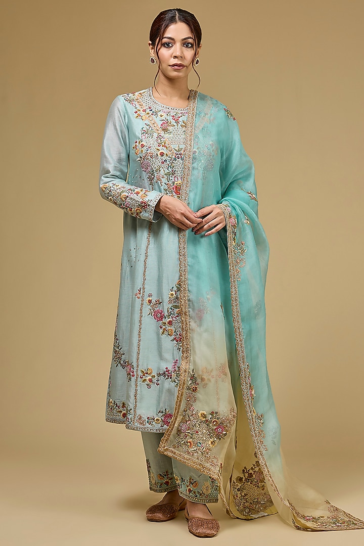 Aqua Chanderi Hand & Machine Embroidered Kurta Set by Petticoat Lane at Pernia's Pop Up Shop