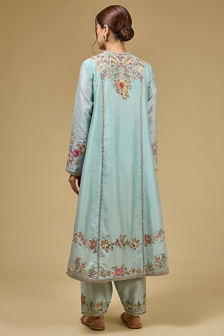 Aqua Chanderi Hand & Machine Embroidered Kurta Set by Petticoat Lane at Pernia's Pop Up Shop