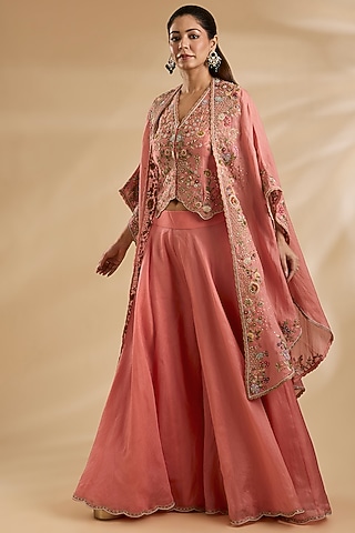 Peach Chanderi & Organza Cape Set by Petticoat Lane